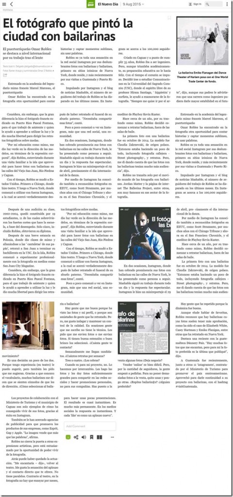 El fotógrafo Omar Roble es reseñado por el diario El Nuevo Dia acerca de sus fotografías de bailarinas.